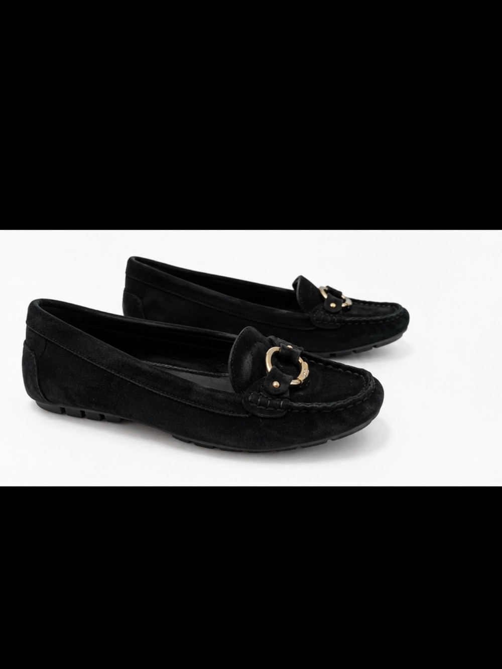 Ralph Lauren Black Suede Driving Loafers Gold Buckle Flats